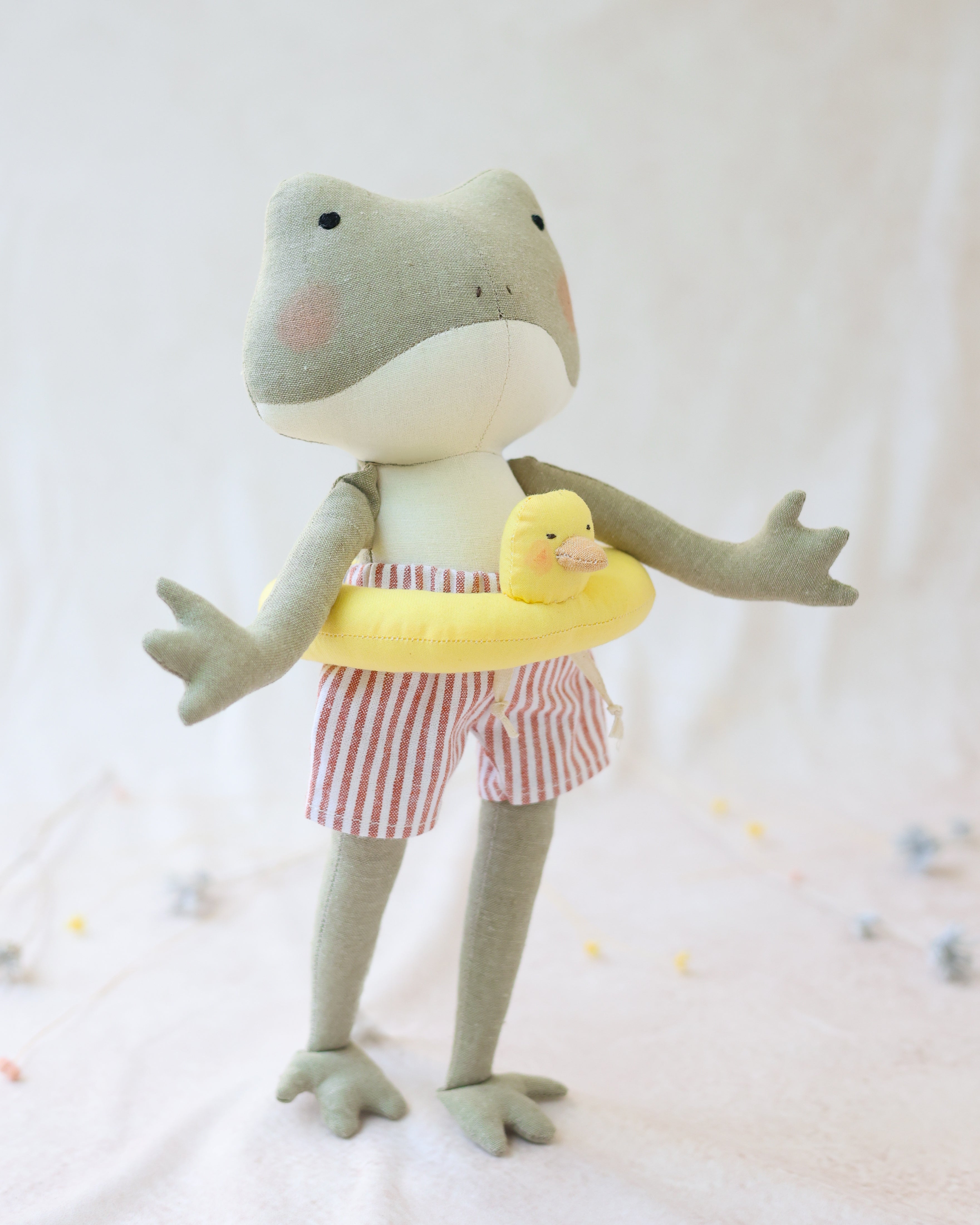 Frog Plushie with Striped Shorts and Swim Ring