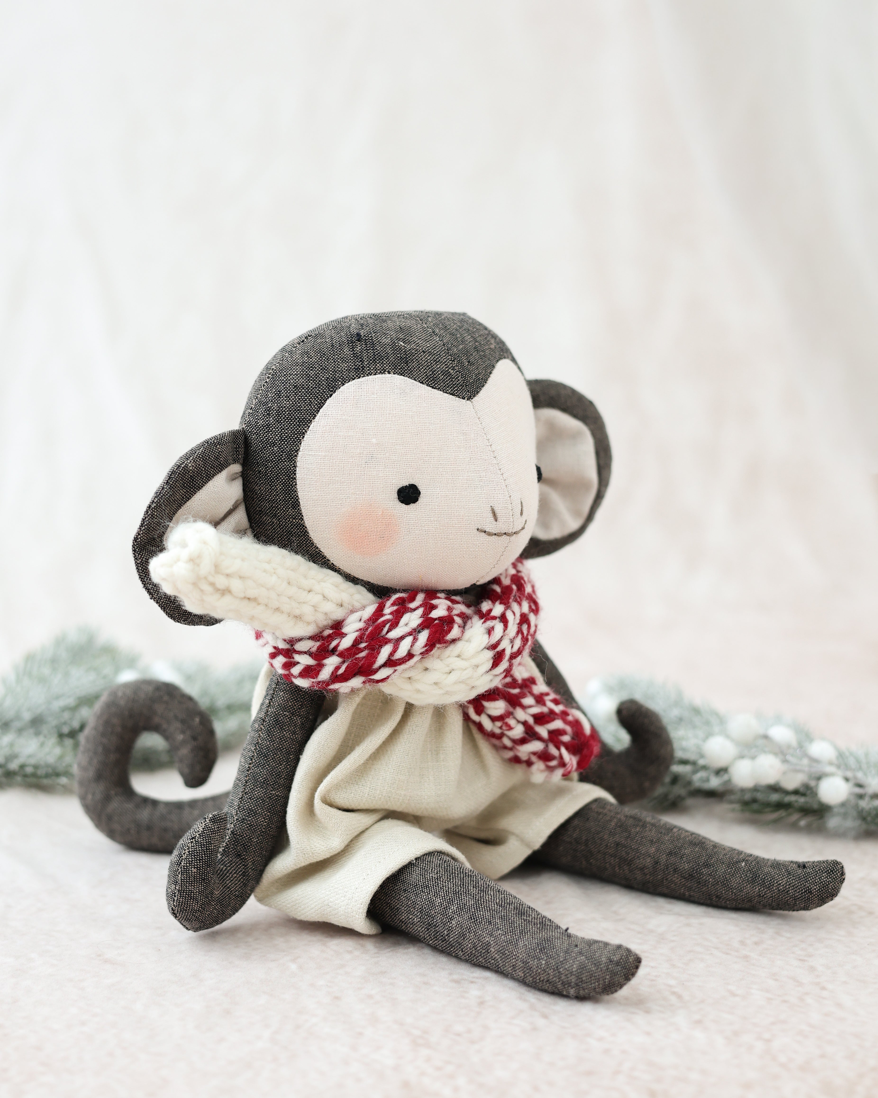 Monkey Plushie with Beige Jumpsuit and Scarf