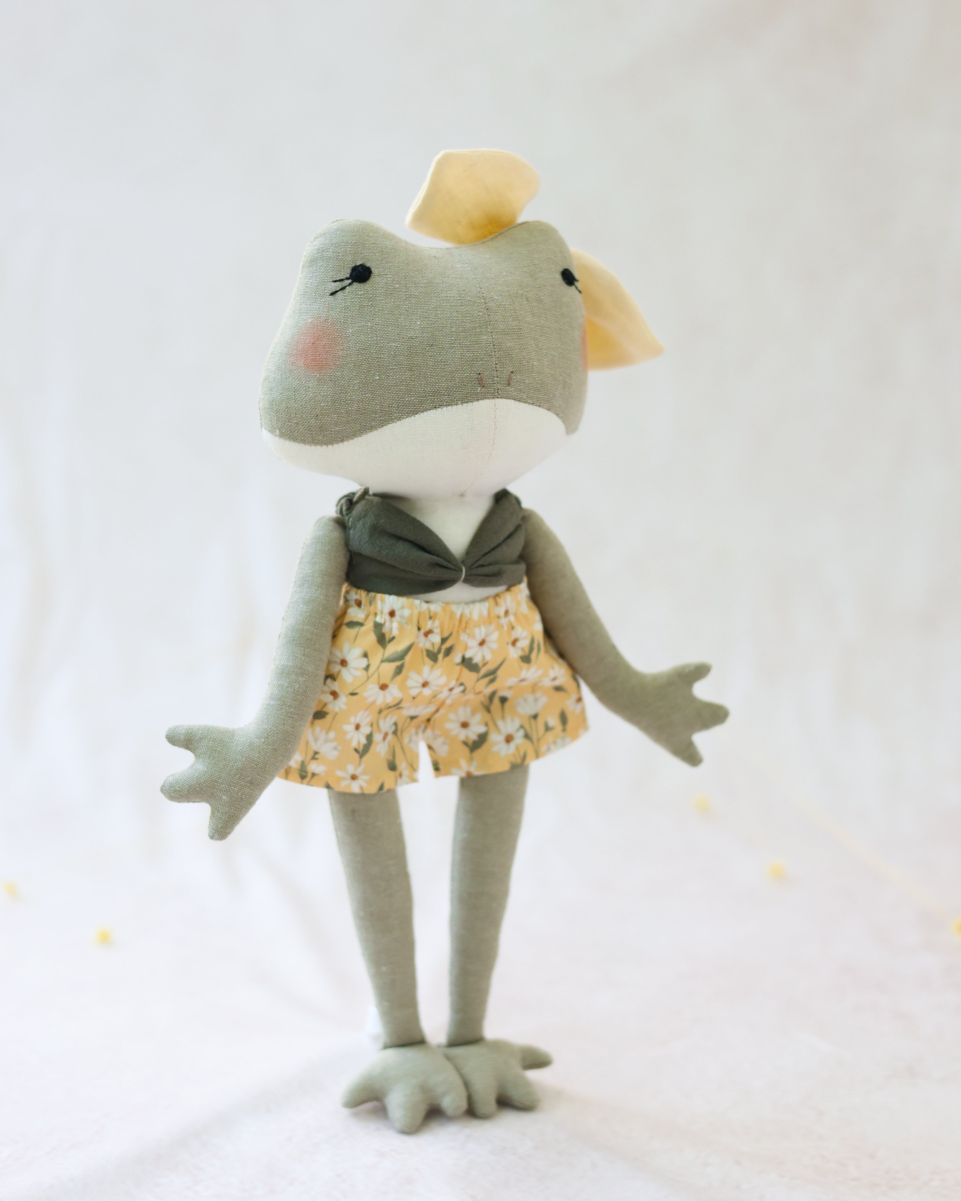 Frog Soft Toy with Floral yellow Shorts
