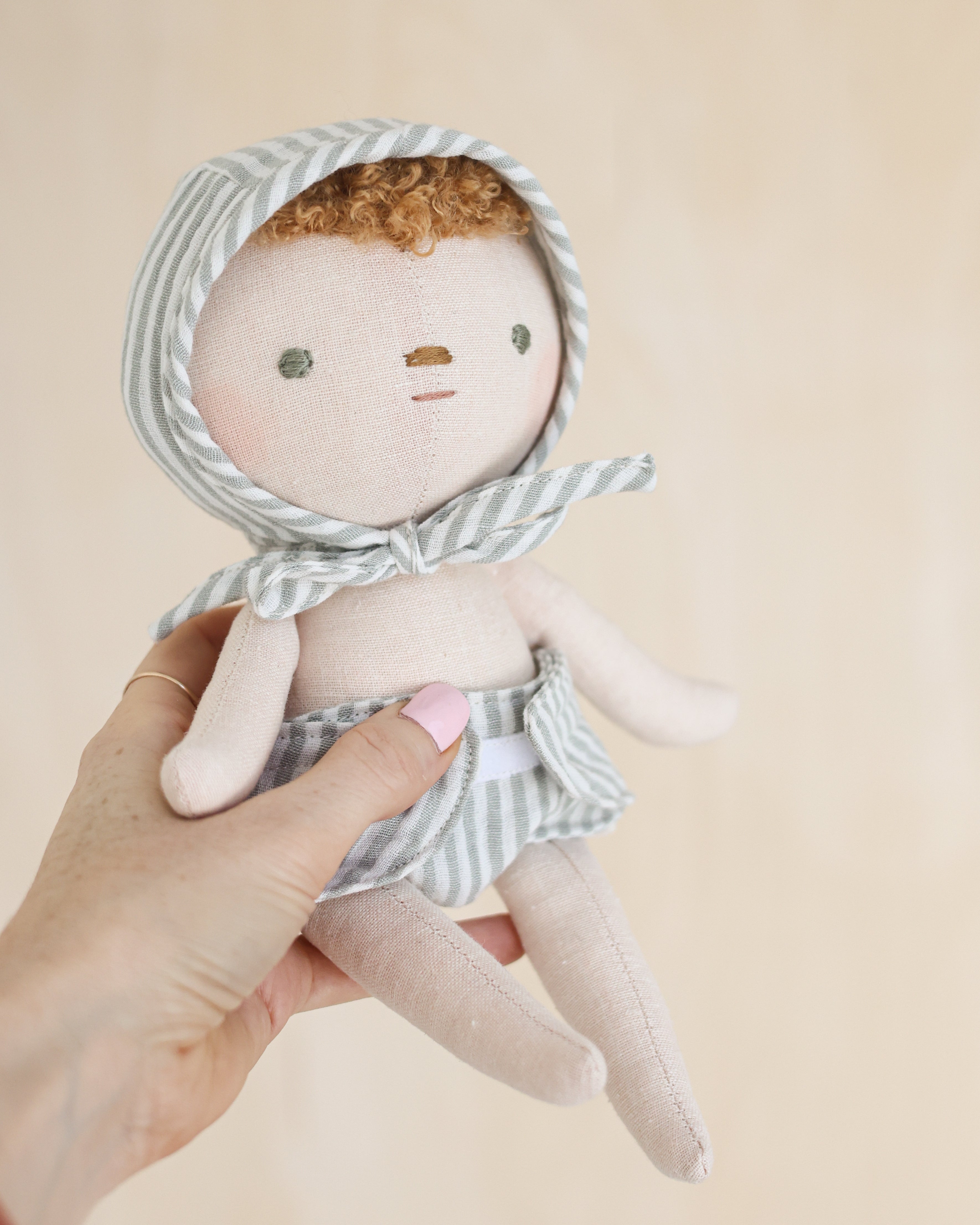 Baby Doll · Sage Striped Bonnet & Diaper