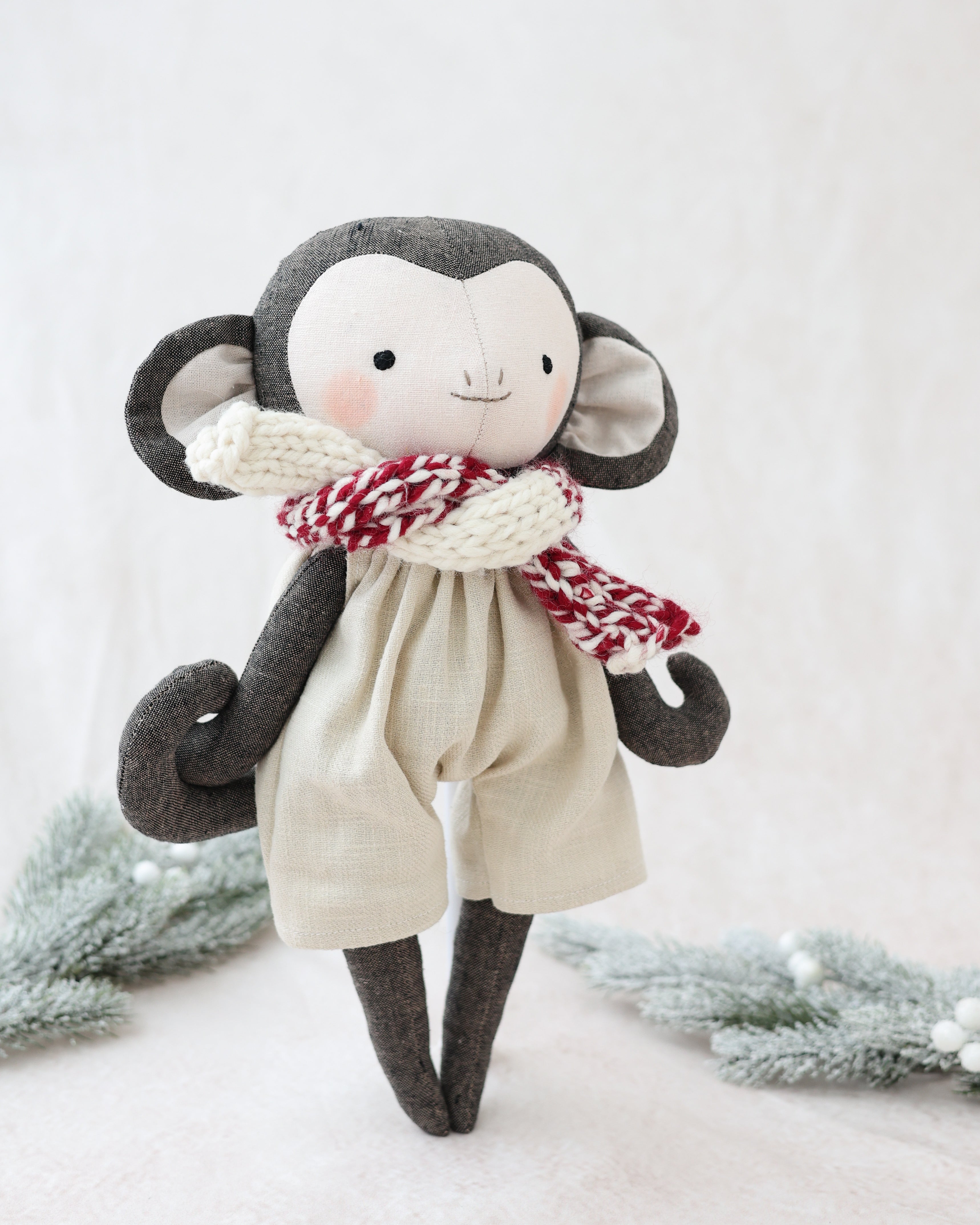 Monkey Plushie with Beige Jumpsuit and Scarf