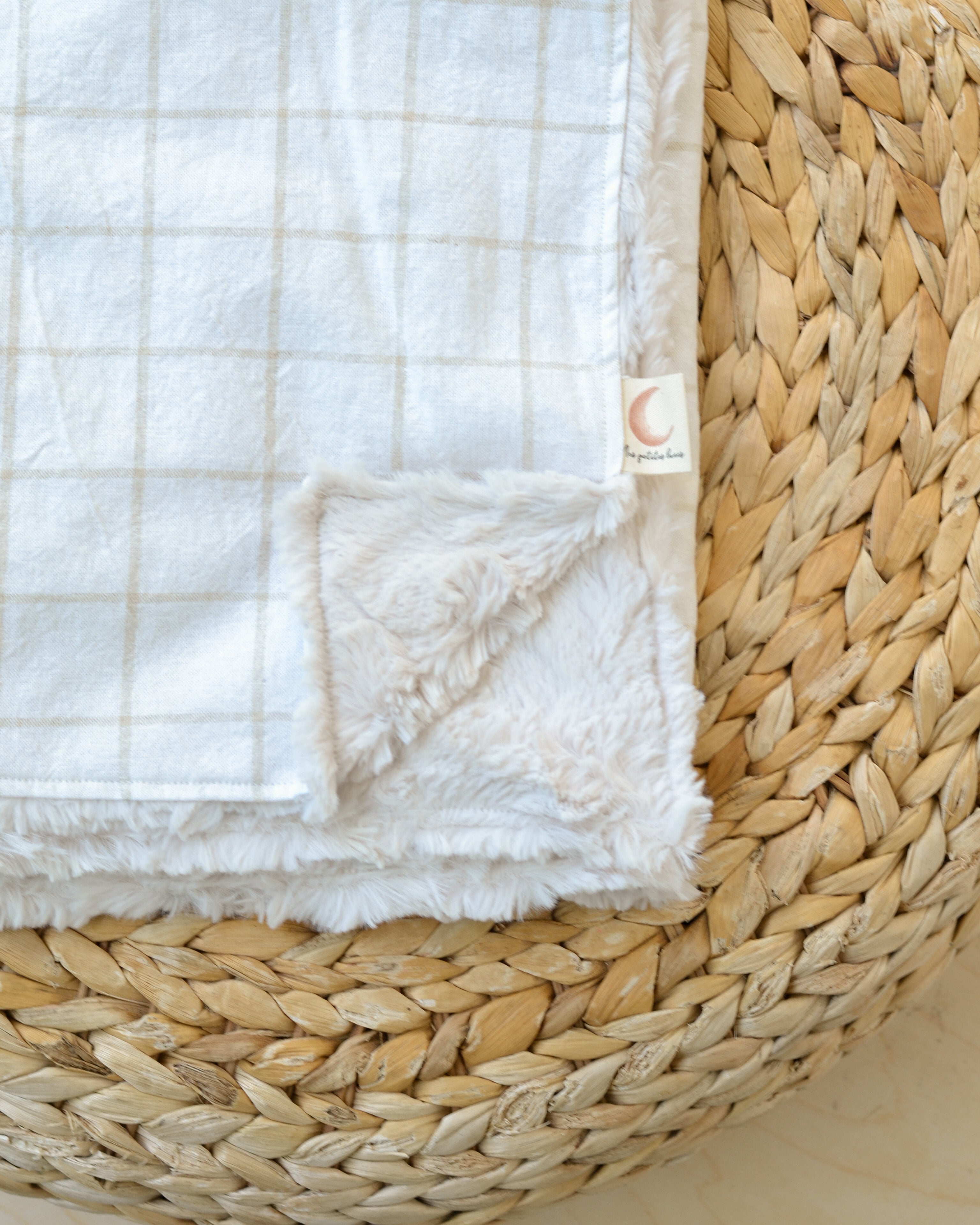 Conjunto de boneca urso e cobertor | Linho branco e cinza claro xadrez