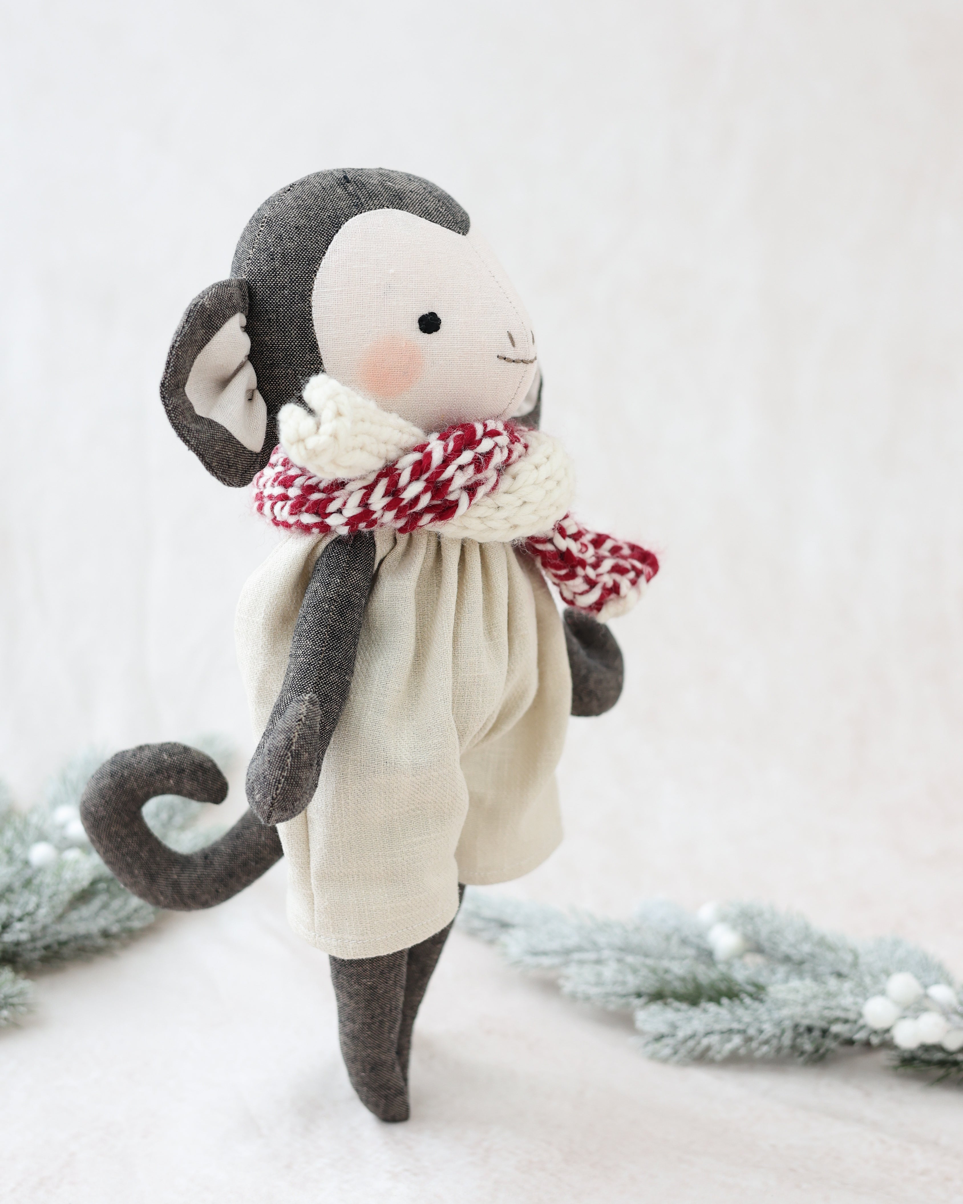 Monkey Plushie with Beige Jumpsuit and Scarf
