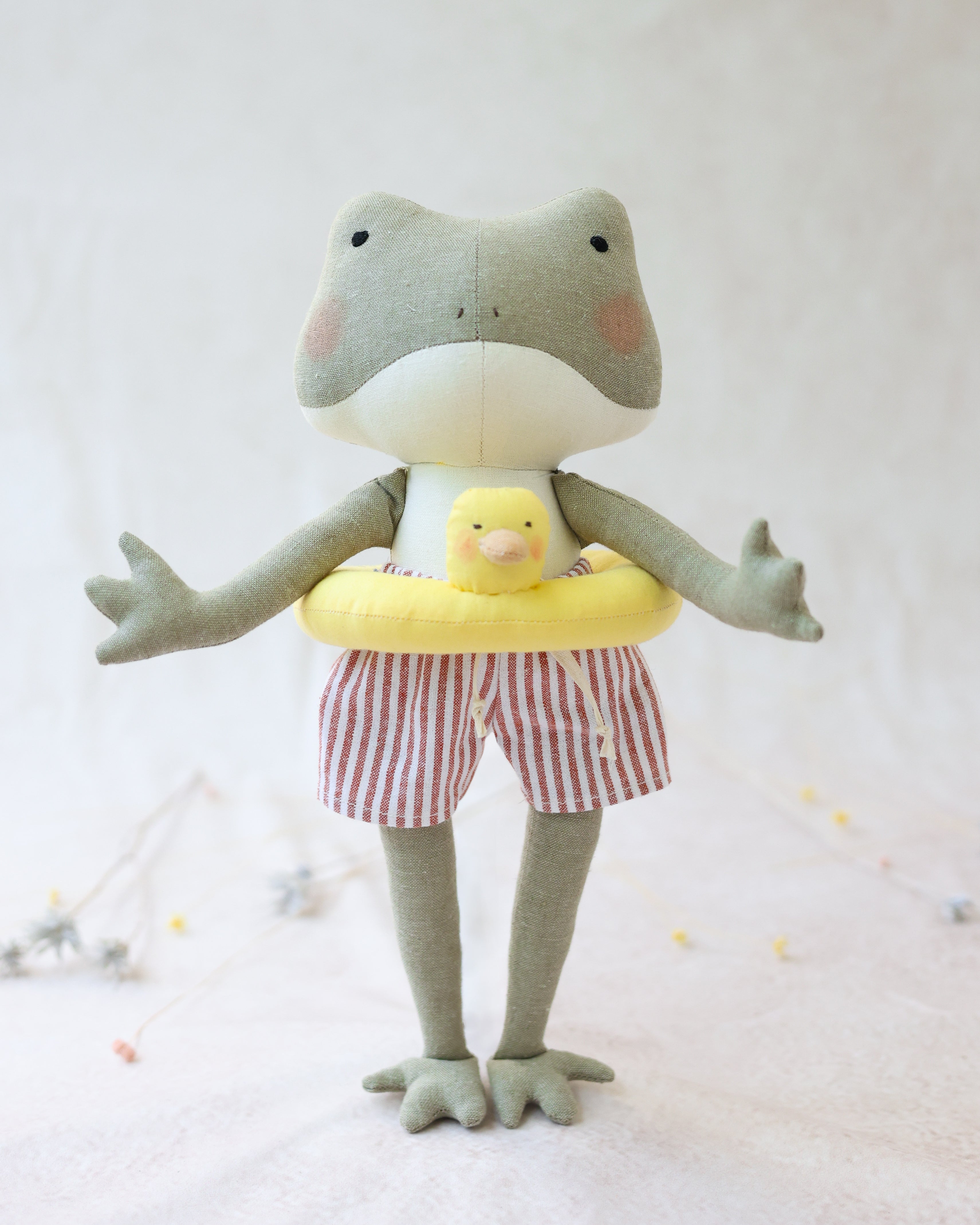 Frog Plushie with Striped Shorts and Swim Ring