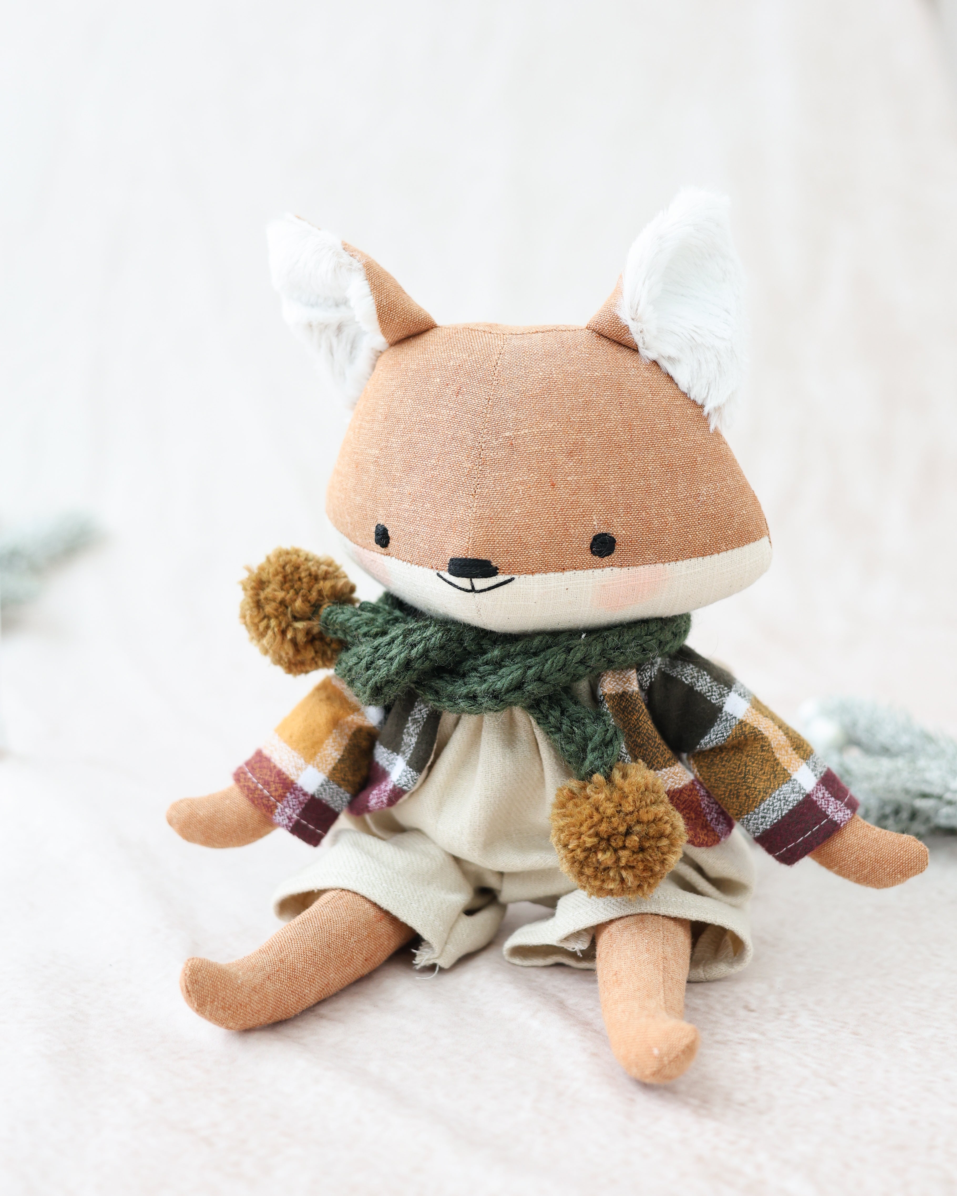 Fox Soft Toy with Beige Jumpsuit and Scarf