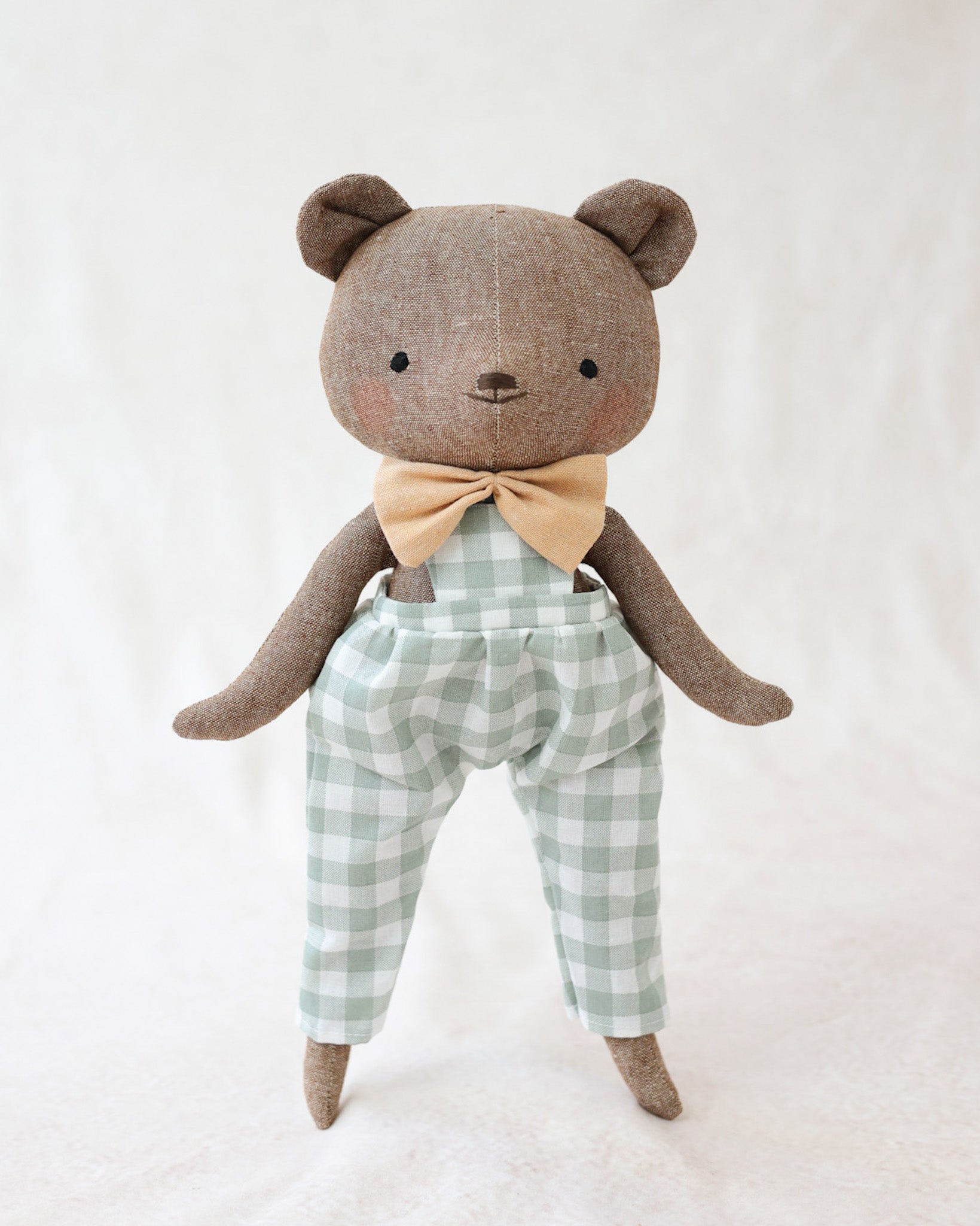 Bear Soft Toy Charles in a vichy jumpsuit with an ochre bow tie