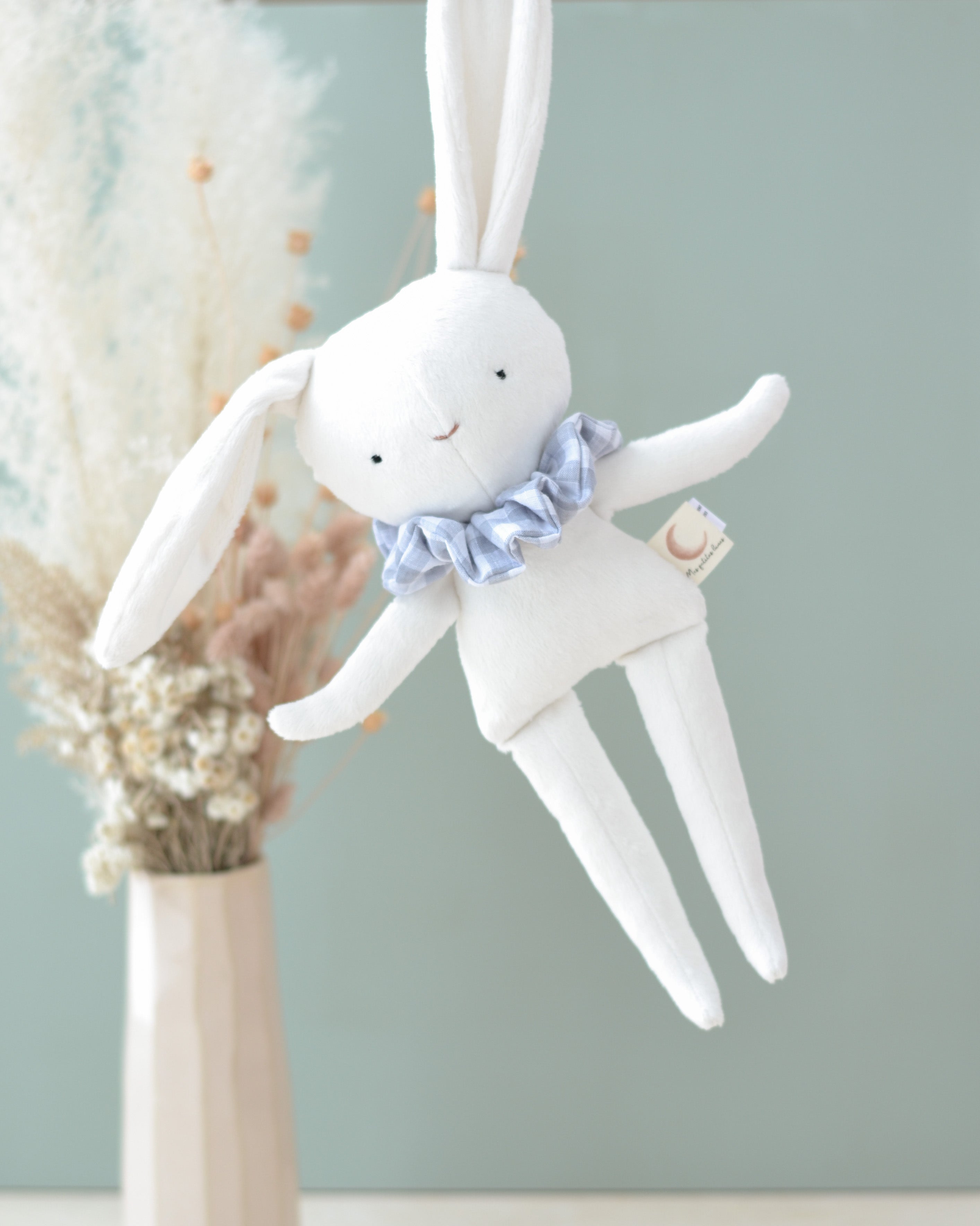 Lapin en peluche - Chouchou à carreaux bleu