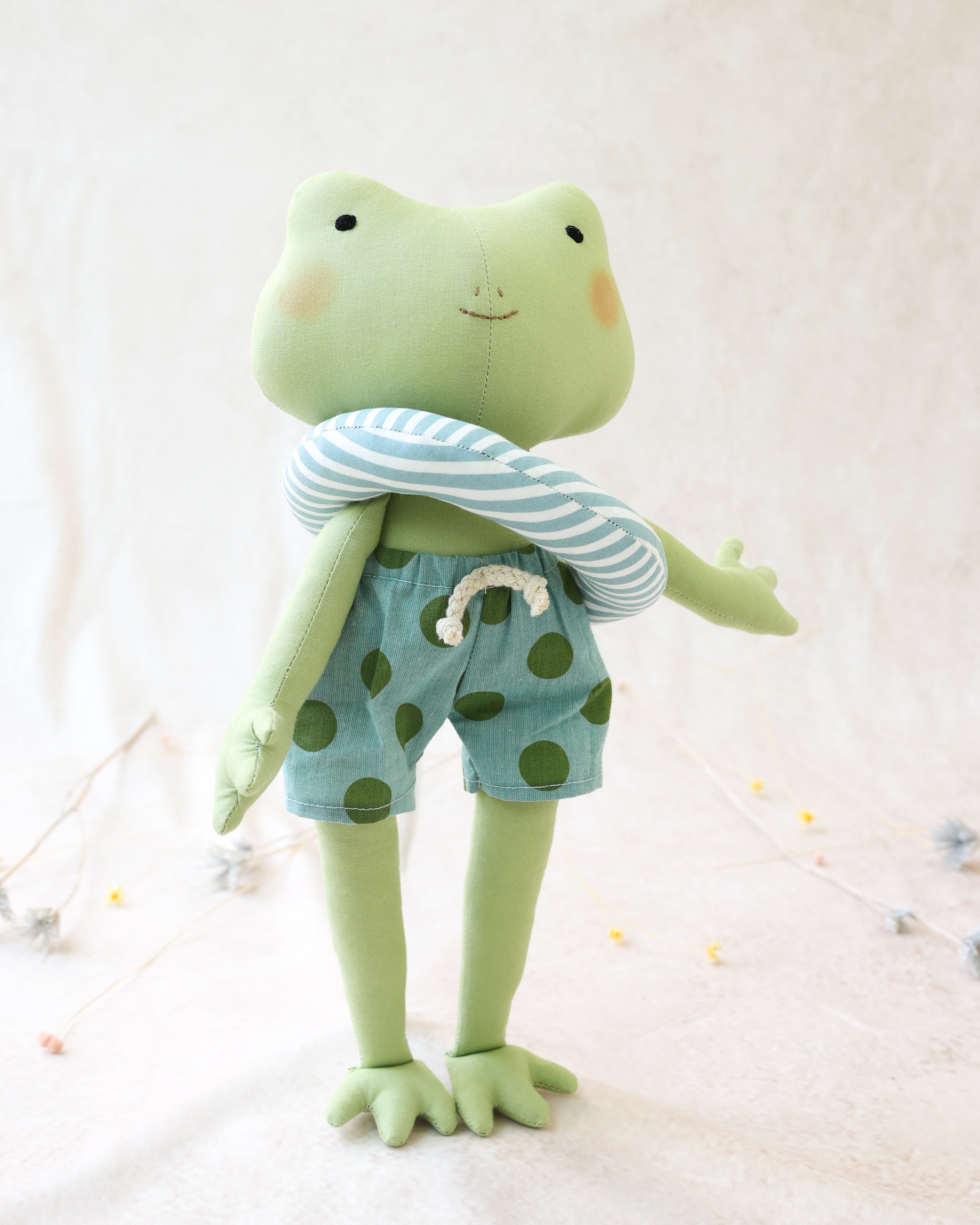 Frog Plushie with Swim Shorts and Striped Swim Ring