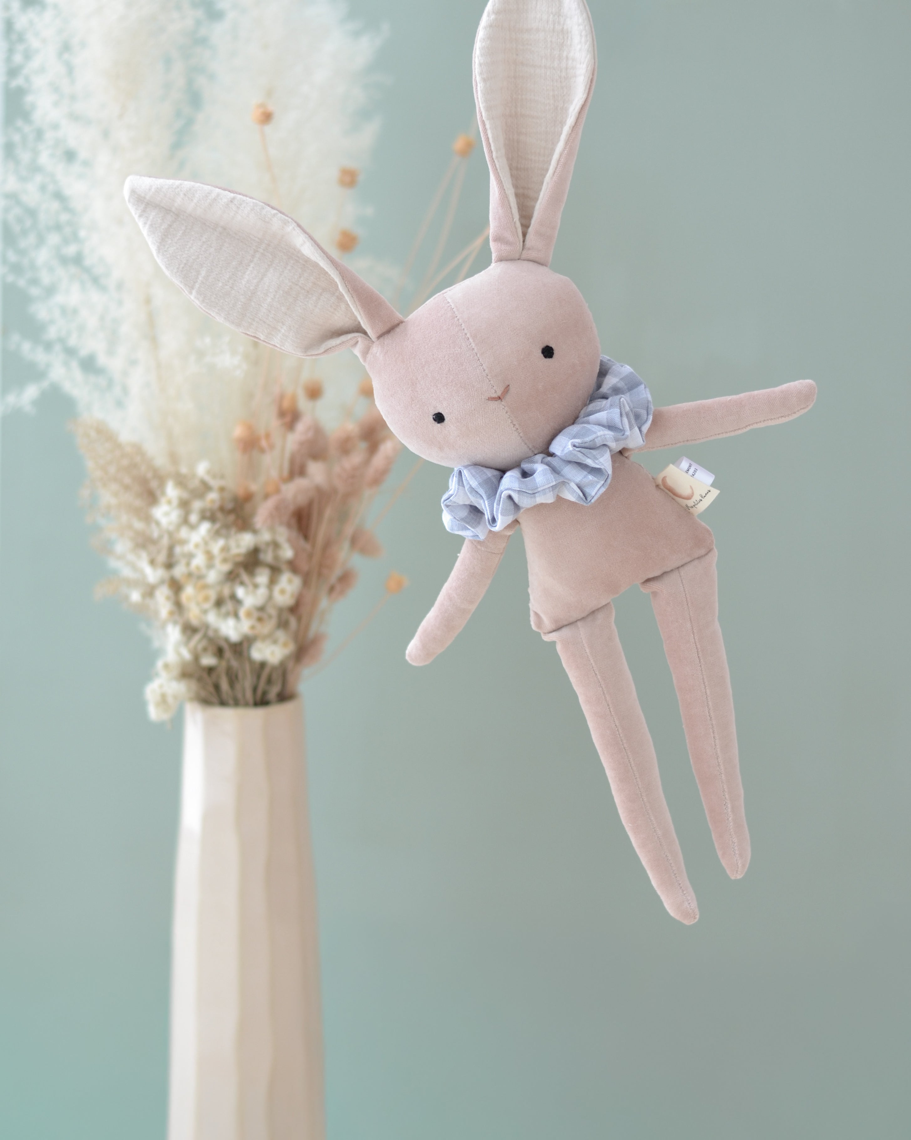 Plush Velvet Bunny Blue checkered collar