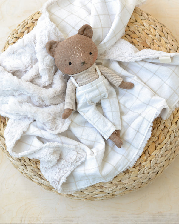 Bear doll and Blanket set | White and greige linen check