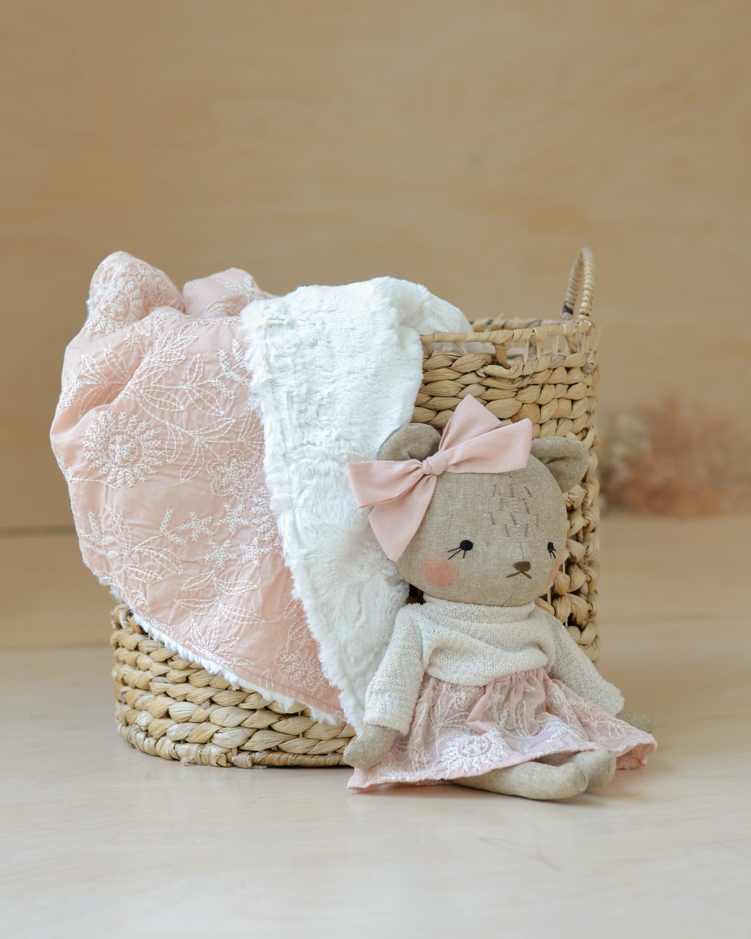 Bear Soft Toy Charlotte and Pink Floral Blanket