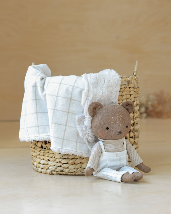 Bear doll and Blanket set | White and greige linen check