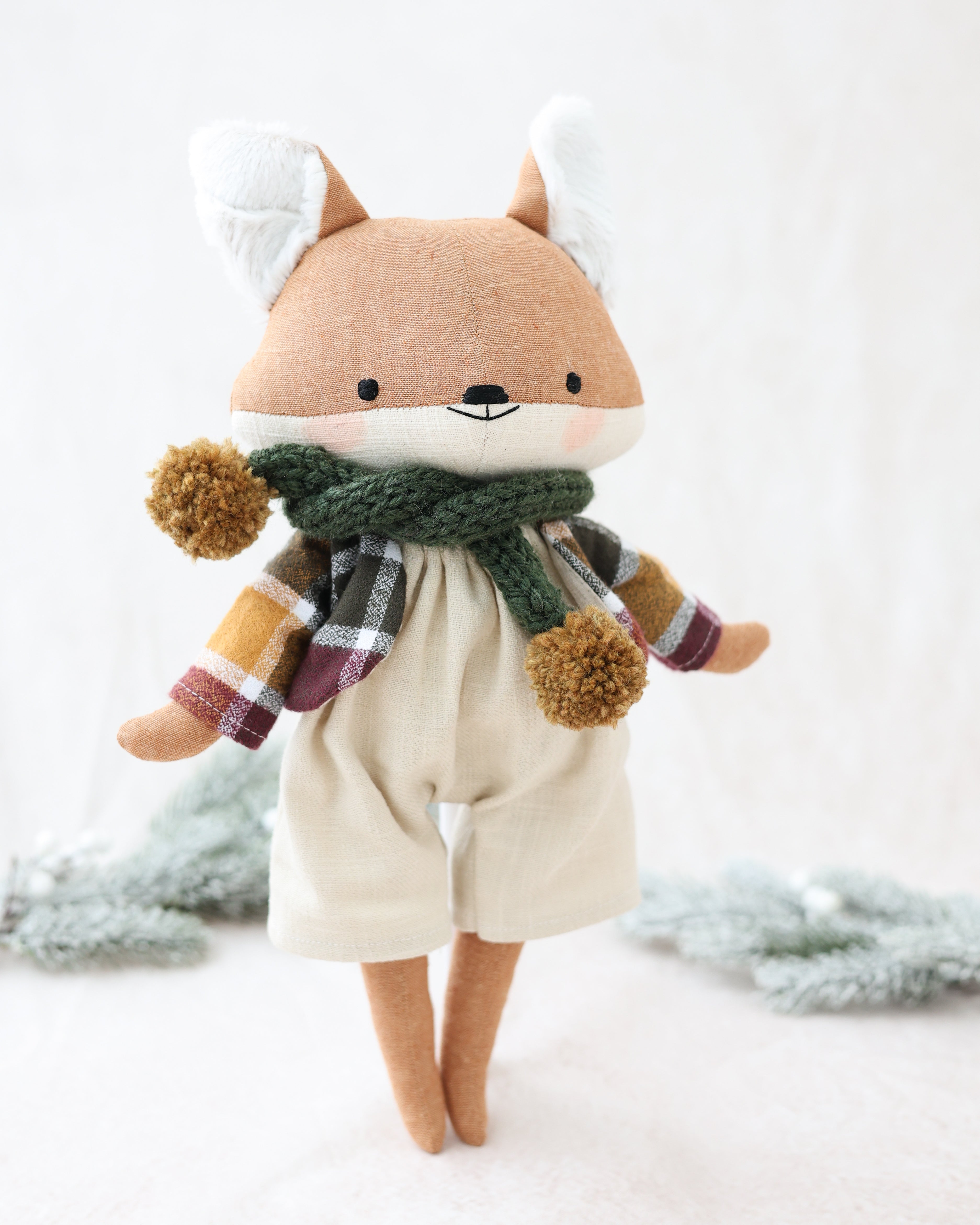 Fox Soft Toy with Beige Jumpsuit and Scarf