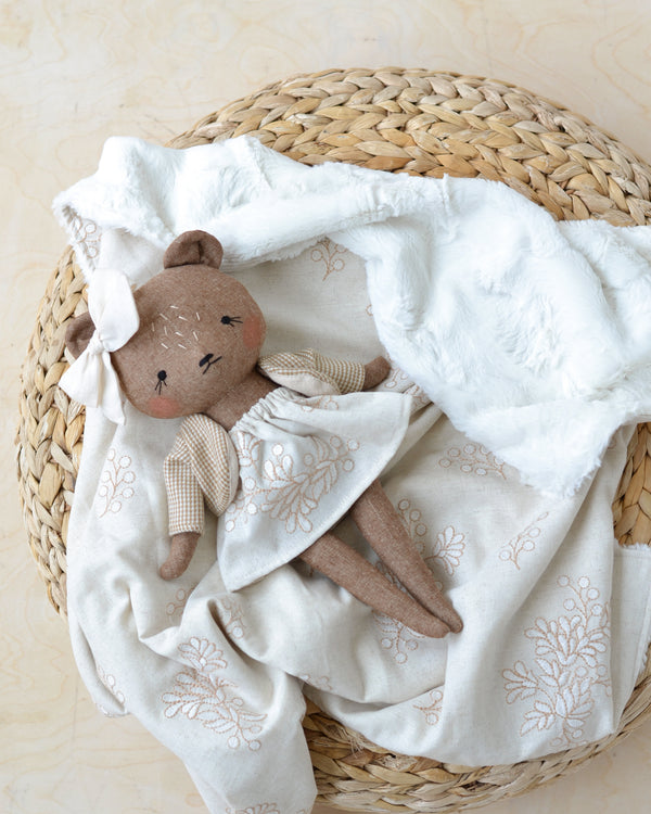 Bear doll and Blanket set | White floral linen