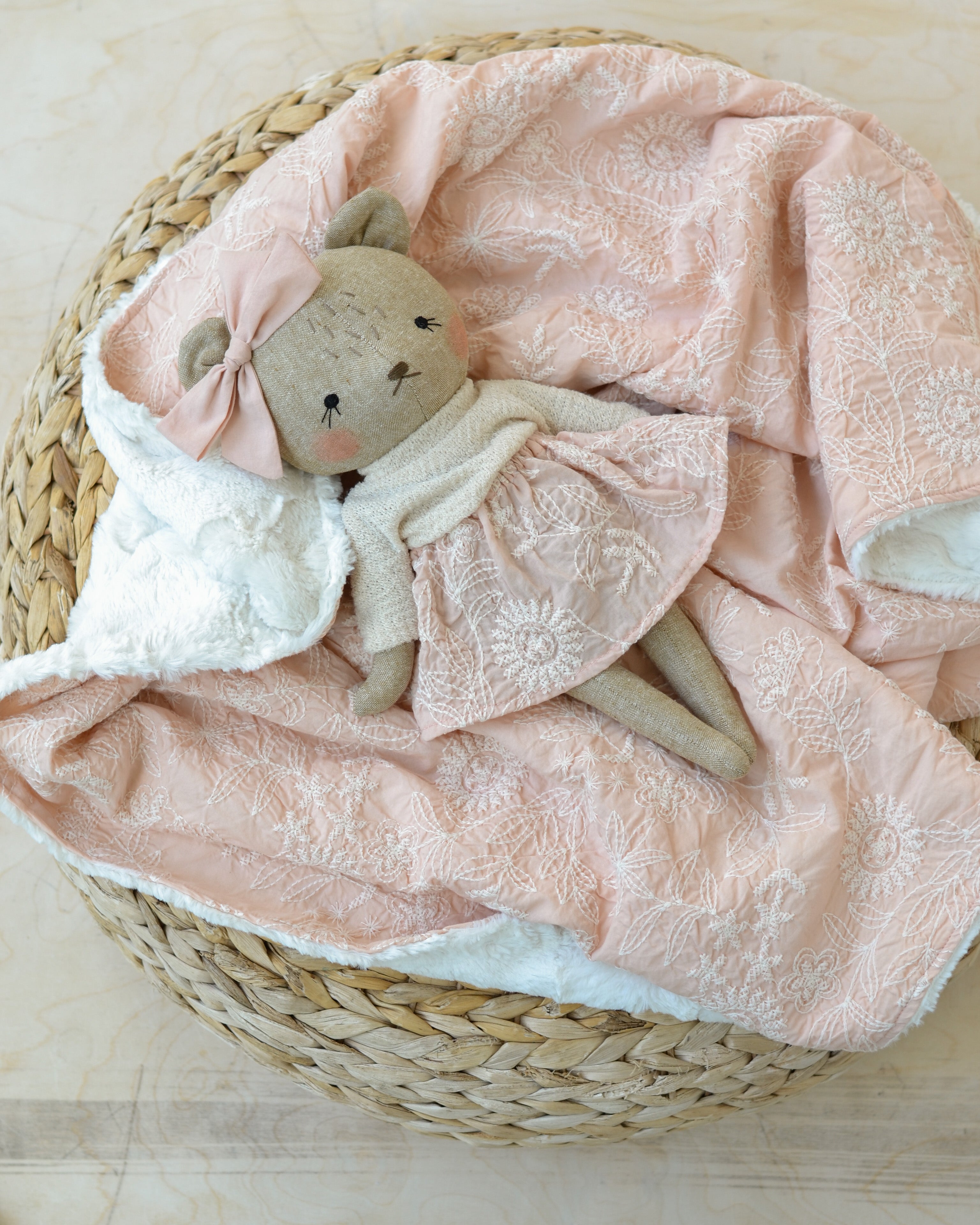Bear Soft Toy Charlotte and Pink Floral Blanket