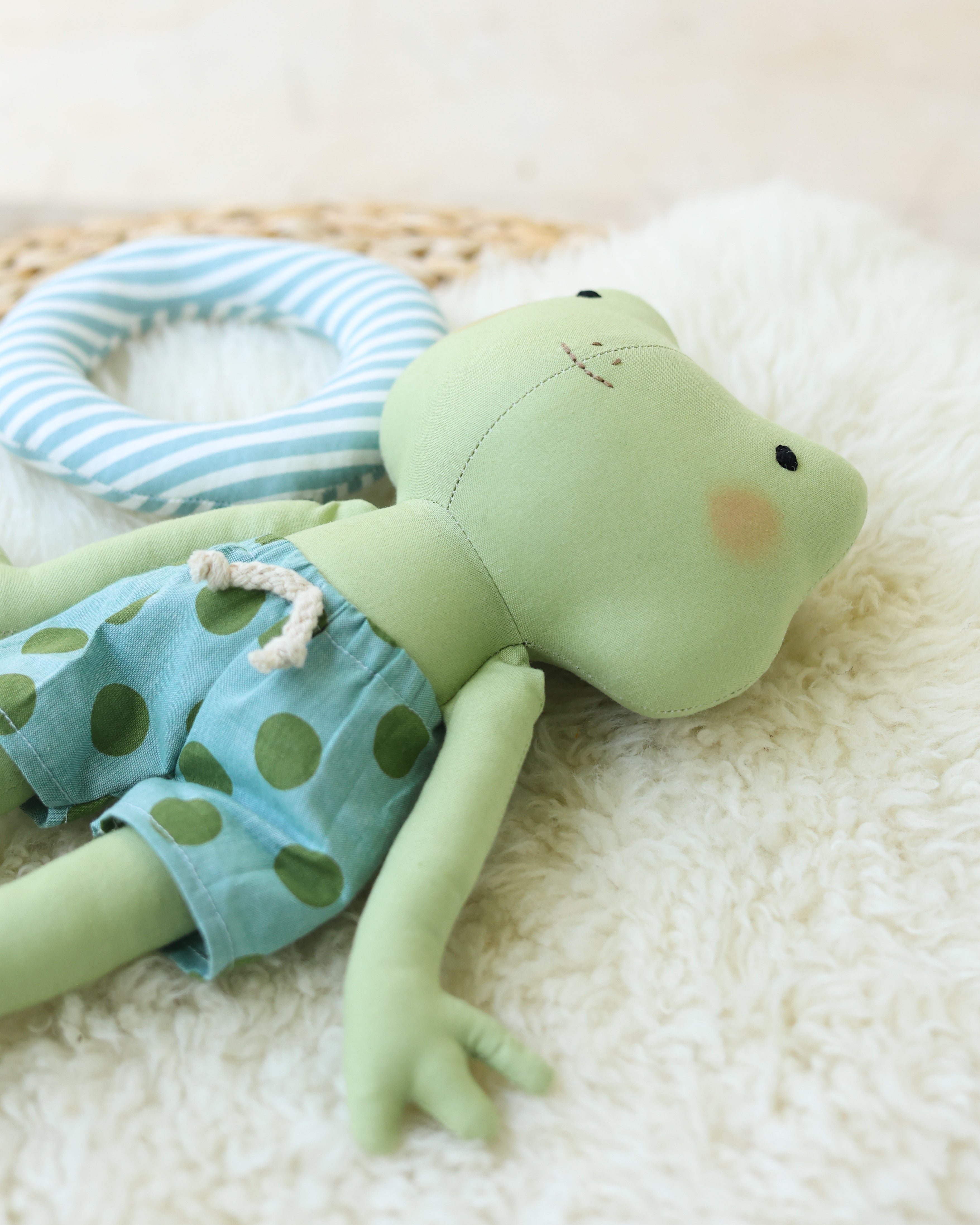Frog Plushie with Swim Shorts and Striped Swim Ring