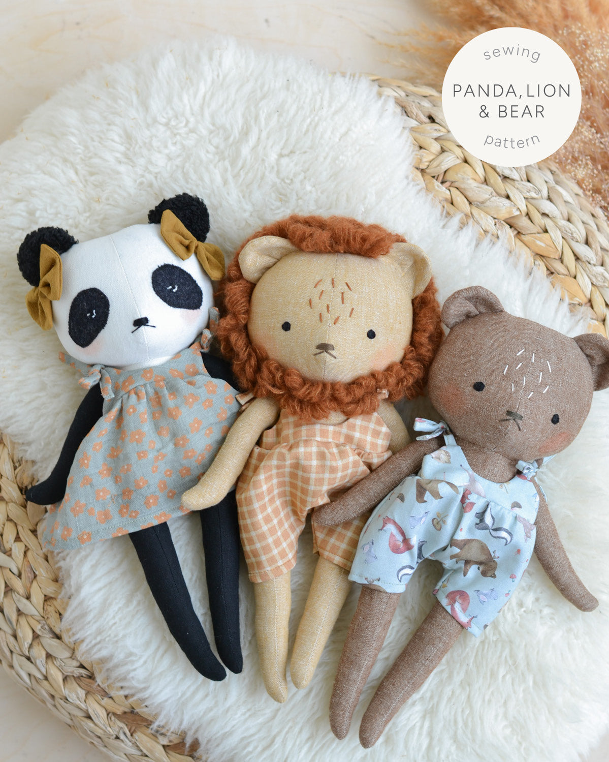 Sewing Pattern - Panda, lion and bear doll