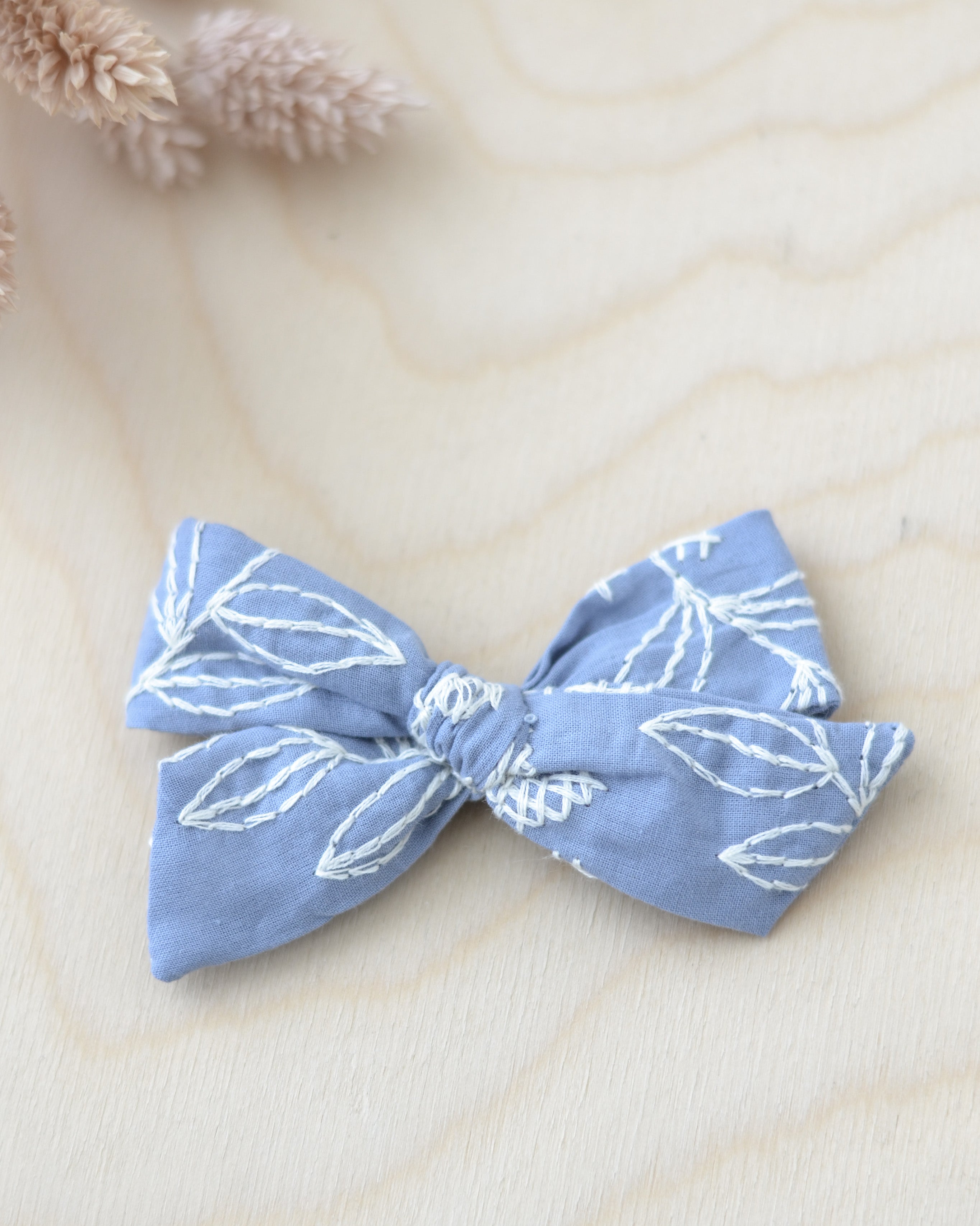 Blue Embroidery Hair Bow