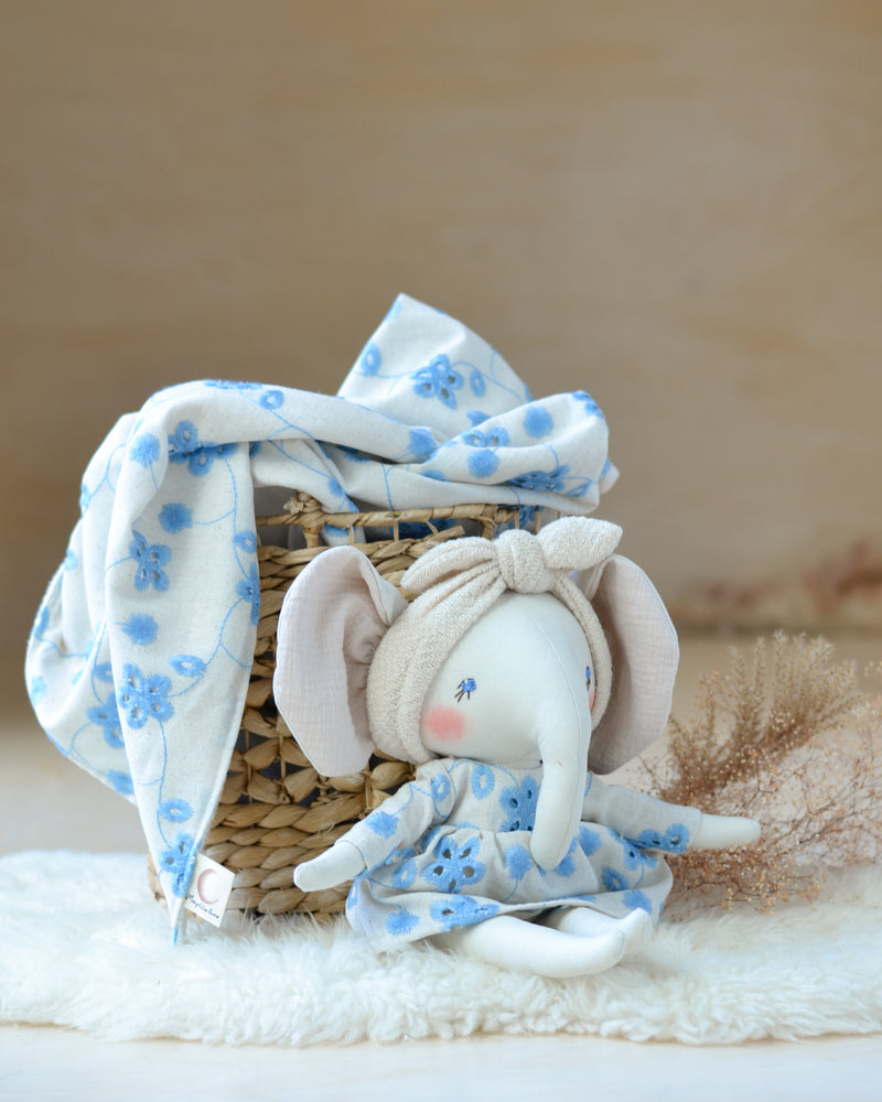 DUO-Couverture lin et poupée éléphant